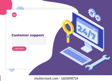 Support or call center 24/7 concept.   Web page or banner design templates.  24 hours open customer service. Vector illustration Isometric.