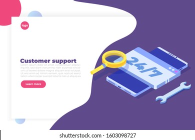 Support or call center 24/7 concept.   Web page or banner design templates.  24 hours open customer service. Vector illustration Isometric.