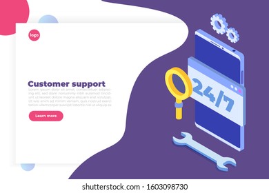 Support or call center 24/7 concept.   Web page or banner design templates.  24 hours open customer service. Vector illustration Isometric.