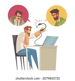 Support call center composition with tech support agent annoyed by rude callers vector illustration