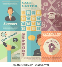 Support call center contact us vintage mini poster set isolated vector illustration