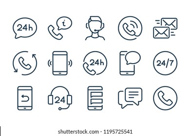 Support And Call Center Line Icons. Helpline And Support Service Vector Linewar Icon Set.