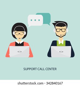 support call center, male and female with handset and laptop concept