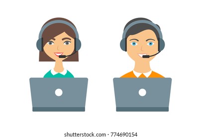 Support, call center operators woman and man with headphones and laptops