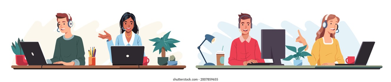 Support call center people working in office wearing headsets, microphones, talking to customers. Operator consult clients on phone helpline. Customer support help service flat vector illustration - Shutterstock ID 2007859655