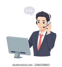 Support call center people working in office wearing headsets, microphones, talking to customers. Customer service, call center, hotline. Online global technical support 24 7. Vector illustration