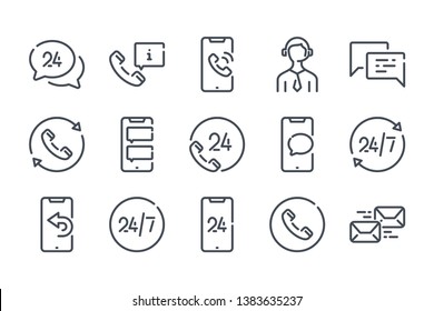 Support And Call Center Related Line Icon Set. Telemarketing And Sales Linear Icons. Support Services Outline Vector Sign Collection.