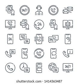 Support and call center related line icon set. Telemarketing and sales linear icons. Support services outline vector sign collection.