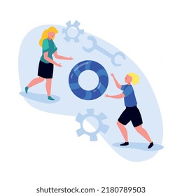 Support call centre composition with doodle human characters gadgets icons and gear pictograms vector illustration