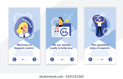 Support call centre vertical banners collection with gear icons human characters and editable text with buttons vector illustration
