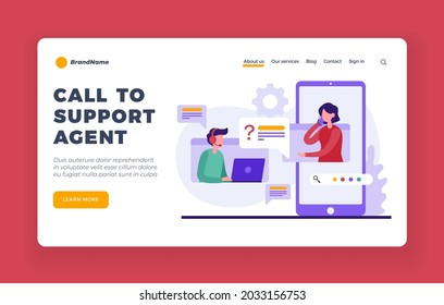 Llamada de apoyo. Asistencia del operador a petición del cliente. Línea de contacto para resolver problemas con los servicios de la empresa. Línea directa y chat en línea en aplicación móvil. Banner plano de la página de aterrizaje del vector