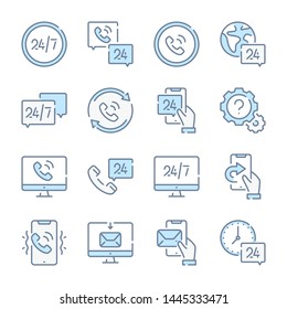Support, Callback and Client services related blue line colored icons.