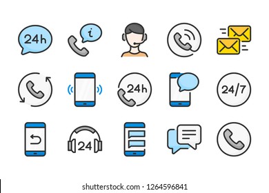 Support and callback service color line icons. Helpline Processing and online help vector linear colorful icon set. Isolated icon collection on white background.