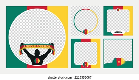 I support Cameroon world football championship profil picture frame banner man silhouette with national flag scarf in hand for social media 