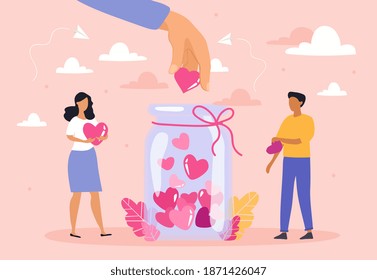 Support and care abstract concept with tiny volunteer characters. Donation collection jar with heart symbols. Charity help campaign for social awareness. Flat cartoon vector illustration