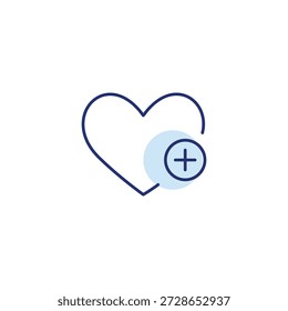 Support and care advice. Heart and plus symbol. Charity offer and donation. Pixel perfect, editable stroke vector icon