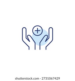 Support and care advice. Plus in hands. Charity offer and donation. Pixel perfect, editable stroke vector icon