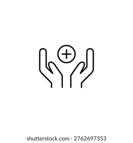 Support and care advice. Plus in hands. Charity offer and donation. Pixel perfect, editable stroke vector icon