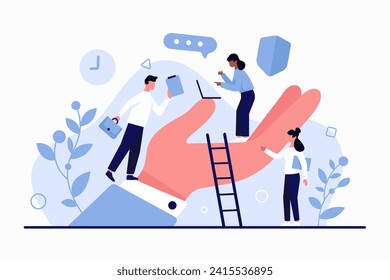 Support and care of corporate company manager for wellbeing and safety of employees. Giant boss hand holding tiny people working with laptop in comfort environment cartoon vector illustration