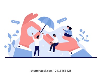 Support and care of corporate leader for wellbeing of employees. Giant boss or employer hands holding umbrella over tiny office people to help, protect and keep safe cartoon vector illustration