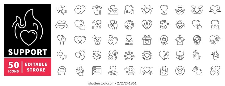 Support and care editable line icons set. help and assistance symbols