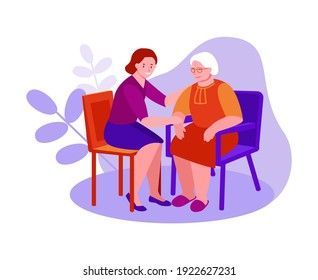 Support, Care For The Elderly. A Young Woman Sits Next To An Elderly Woman. Vector Illustration In Flat Cartoon Style.