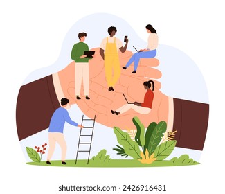 Support and care for employee wellbeing in corporate company. Giant hands of employer, HR manager or leader hold tiny people community, protection and safety at workplace cartoon vector illustration