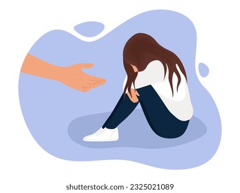 Support, care and help sad woman. Helping hand to cute girl with bad mood and negative emotions. Concept of Psychotherapy, addiction, empathy. Loneliness and despair in need of help and care. Vector