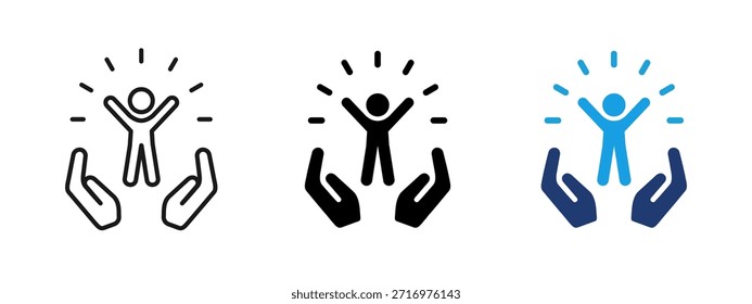 Support and care icon showing protected person in helping hands. Clean vector symbol for assistance, safety, trust, charity, healthcare, social services, empowerment and human support concepts.