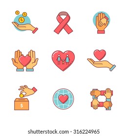 Support and care icons thin line set. Flat style color vector symbols isolated on white.