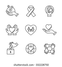 Support And Care Icons Thin Line Art Set. Black Vector Symbols Isolated On White.