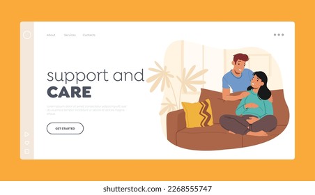 Support and Care Landing Page Template. Maternity, Parenting Concept with Happy Couple Of Husband And Wife Prepare Become Parents. Man Embracing Pregnant Woman. Cartoon People Vector Illustration