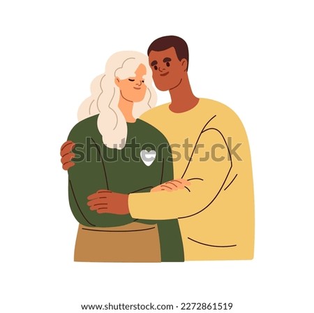 Support and care in love couple. Supportive romantic relationships, tenderness, trust concept. Happy man and woman hugging, embracing together. Flat vector illustration isolated on white background Stock photo © 