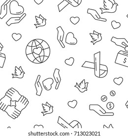 Support and care symbols seamless pattern. Tiling textures with thin line black and white icon set