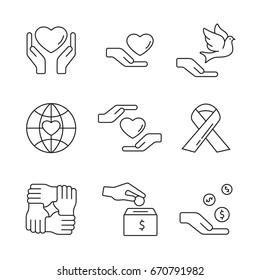 Support and care: thin monochrome icon set, black and white kit