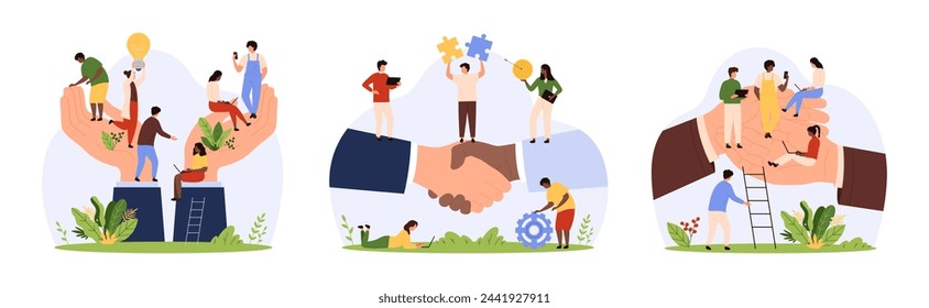 Support and care for wellbeing of employees from corporate leader, workers union set. Giant hands hold tiny people with assistance in career growth, social protection cartoon vector illustration