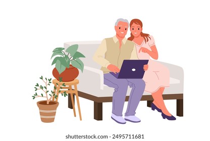 Support and care from young people to elderly relatives in learning how to use computer. Happy girl and old man with laptop sitting on sofa to learn how to use internet cartoon vector illustration