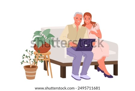 Support and care from young people to elderly relatives in learning how to use computer. Happy girl and old man with laptop sitting on sofa to learn how to use internet cartoon vector illustration