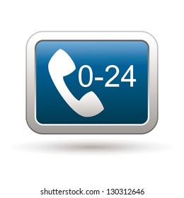 Support center call 24 hours icon on the blue with silver rectangular button. Vector illustration