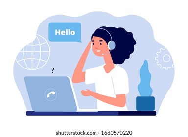 Support center. Calls administrator, woman with laptop and headphones. Customer service vector illustration