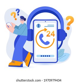 Support center concept. Client calls hotline or contacts technical support scene. Operator consultation, answers questions, work at helpline. Vector illustration with people character in flat design