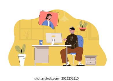 Support center concept. Man consults client in video chat situation. Call center, hotline operator, helpline people scene. Vector illustration with flat character design for website and mobile site