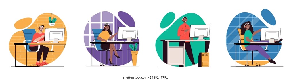 Concepto de centro de soporte con escenas de personas ambientadas en diseño web plano. Paquete de situaciones de carácter con operadores en auriculares que responden a llamadas y mensajes de chat, trabajadores de la línea de ayuda. Ilustraciones vectoriales.