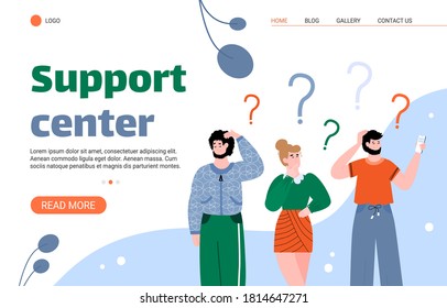Support center landing page for website. People concerning about something. Looking for answers for questions, flat cartoon vector illustration white background