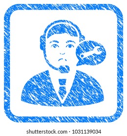Support Center Manager rubber seal stamp imitation. Icon vector symbol with grunge design and corrosion texture in rounded square frame. Scratched blue emblem on a white background.