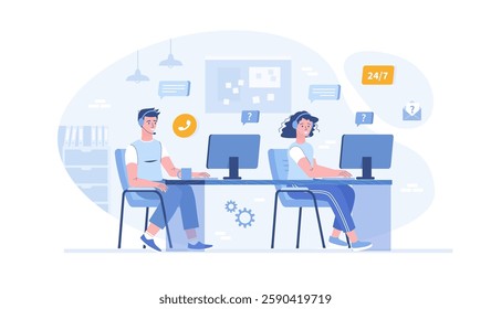 Support center. Online consultants help clients in chats and calls. Call center operators. Vector illustration with characters in flat design for web banner.	
