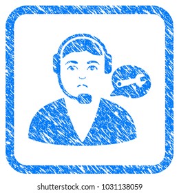 Support Center Operator rubber seal stamp imitation. Icon vector symbol with grunge design and dirty texture inside rounded square frame. Scratched blue emblem on a white background.