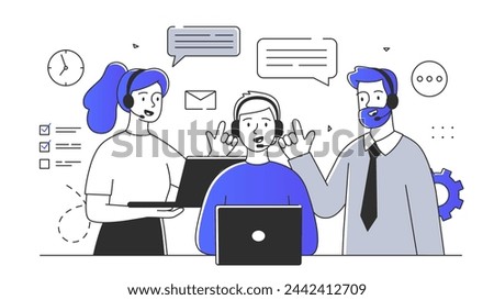 Support center simple. Woman and man in headphones answer to clients questions. Technical support, hot line call center opeartors. Doodle flat vector illustration isolated on white background