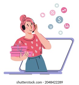 Operador telefónico del centro de asistencia hablando con el cliente, ilustración vectorial plana aislada en fondo blanco. Administración de ventas y empleado del centro de llamadas.