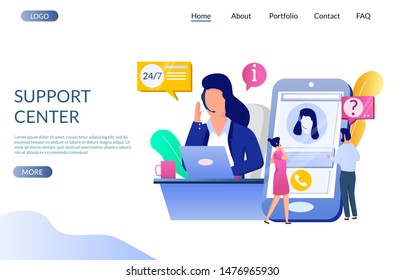 Support center vector website template, web page and landing page design for website and mobile site development. Female operator in headset providing product information, solutions to FAQ and issues.